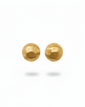 Pair of gold mesh sphere earrings with vertical lines on a white background